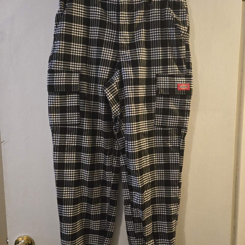 Dickies Black and White Cargo Pants with Classic Plaid Design